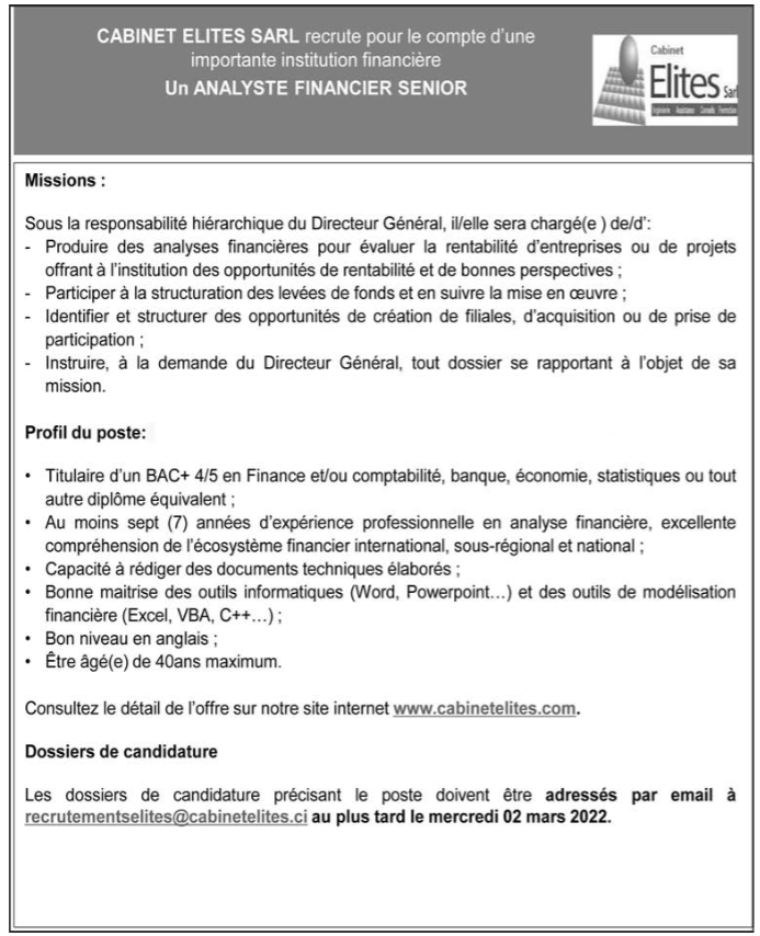 Recrutement de 01 Analyste Financier Senior